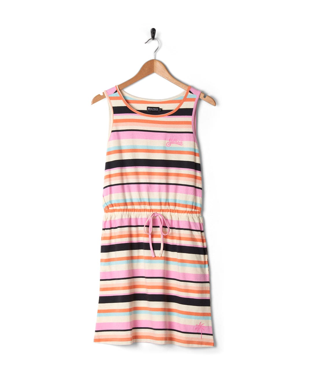 A Saltrock Juno Bauhaus - Womens Stripe Dress - Multi hanging on a hanger.