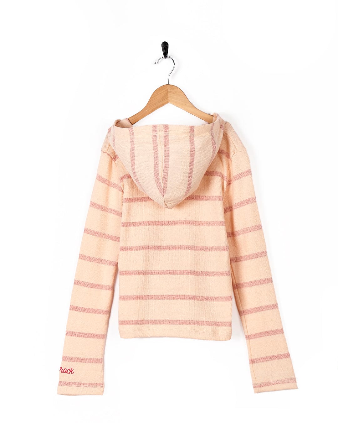 A girl's Kennedy - Kids Pop Hoodie - Coral by Saltrock striped hoodie hanging on a hanger.