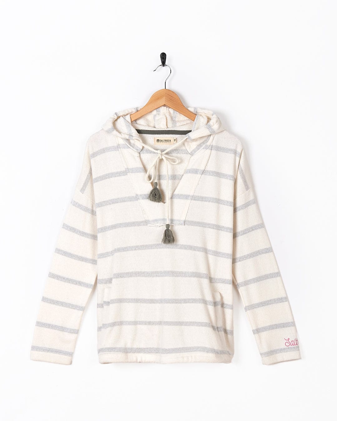 A Saltrock Kennedy - Womens Pop Hoodie - Cream striped hoodie hanging on a hanger.