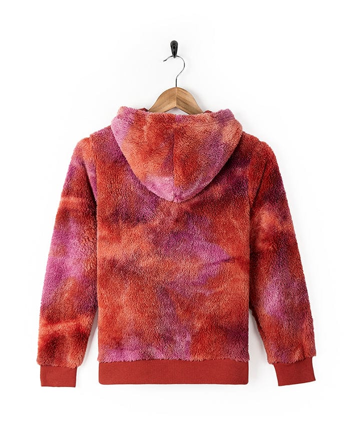 A trendy Kiki Pop - Girls Tie Dye Fur Pop Hoodie - Red by Saltrock hanging on a hanger.