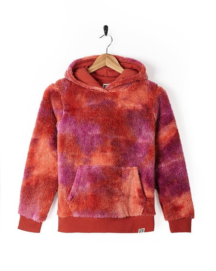 A Saltrock Kiki Pop - Girls Tie Dye Fur Pop Hoodie - Red with a large front pocket.
