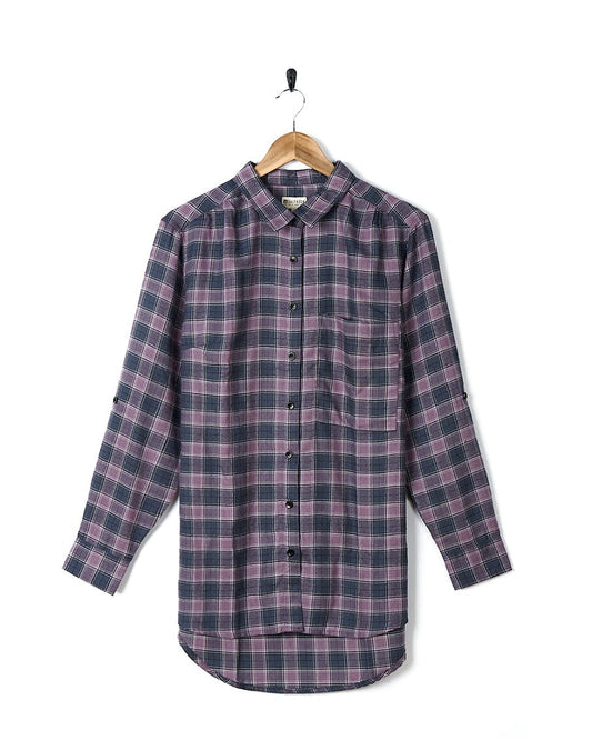 A relaxed fit Kizzie - Womens Check Boyfriend Shirt - Purple by Saltrock hanging on a hanger.