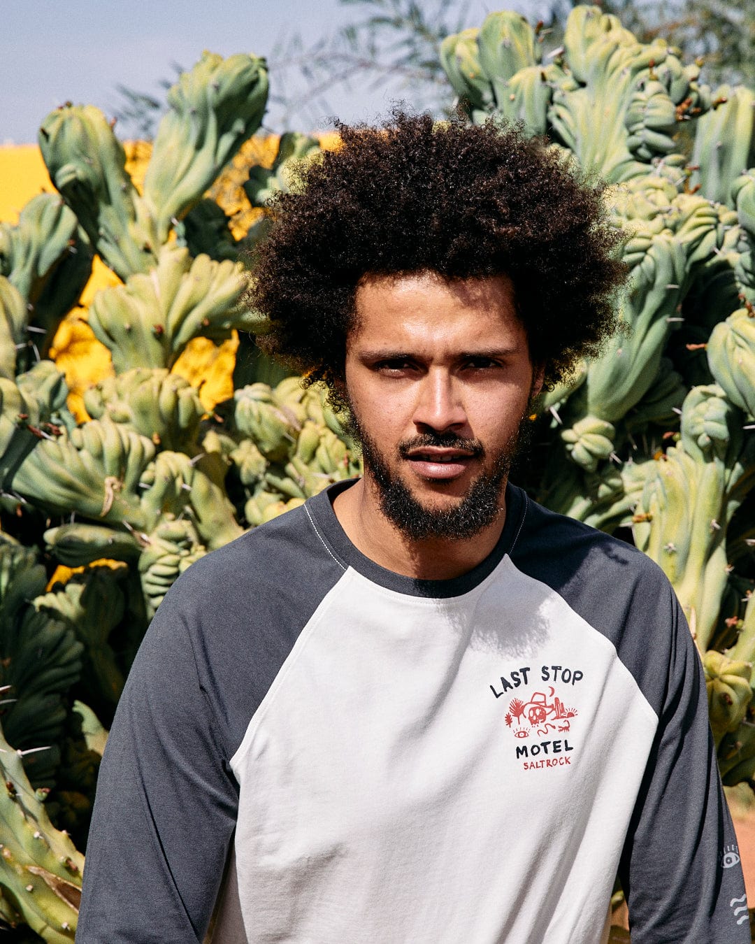 A man with curly hair wearing a Saltrock Last Stop long sleeve raglan in white stands in front of prickly pear cacti under bright sunlight.