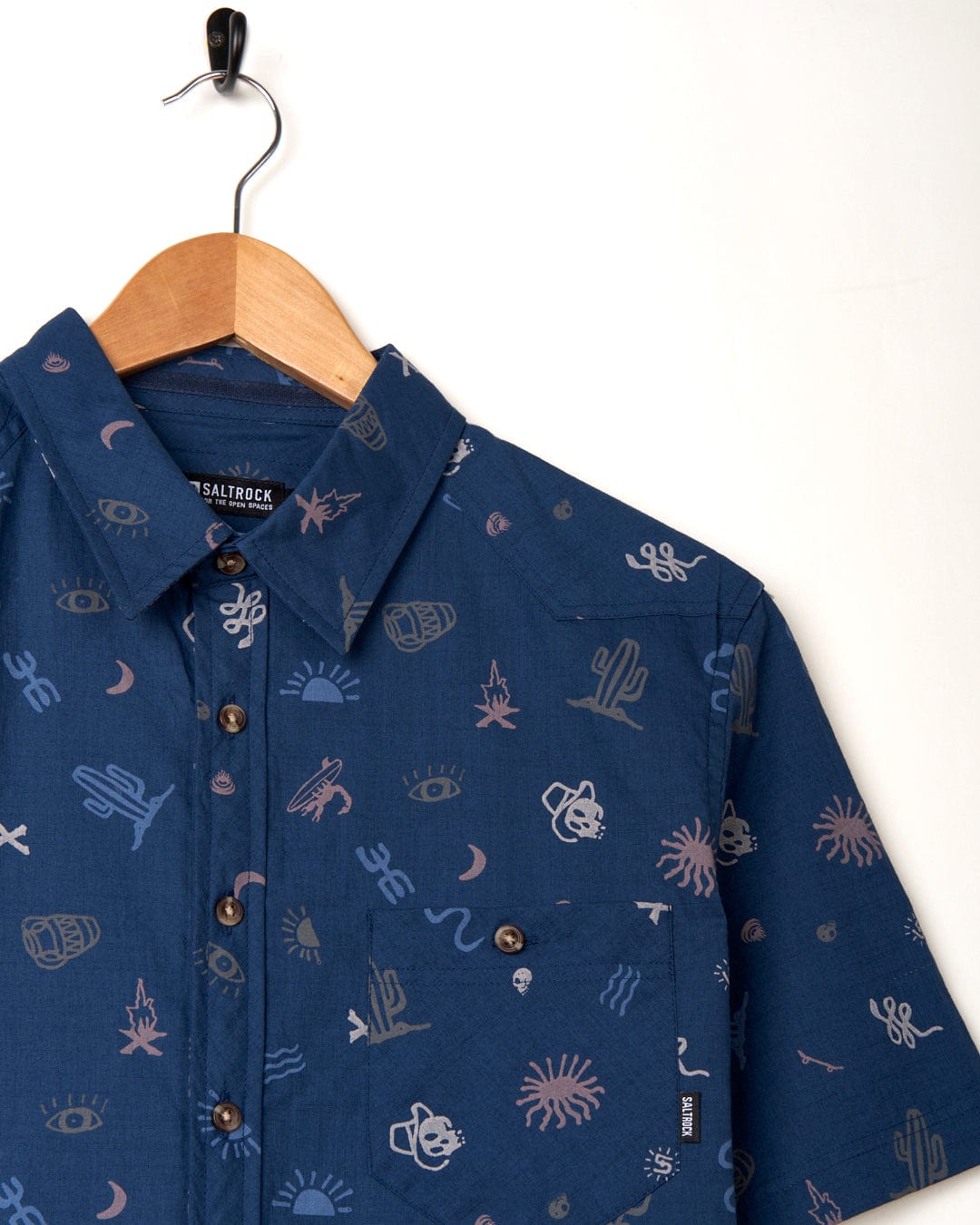 A Saltrock Last Stop - Mens Short Sleeve Shirt - Blue with cactus prints on it.