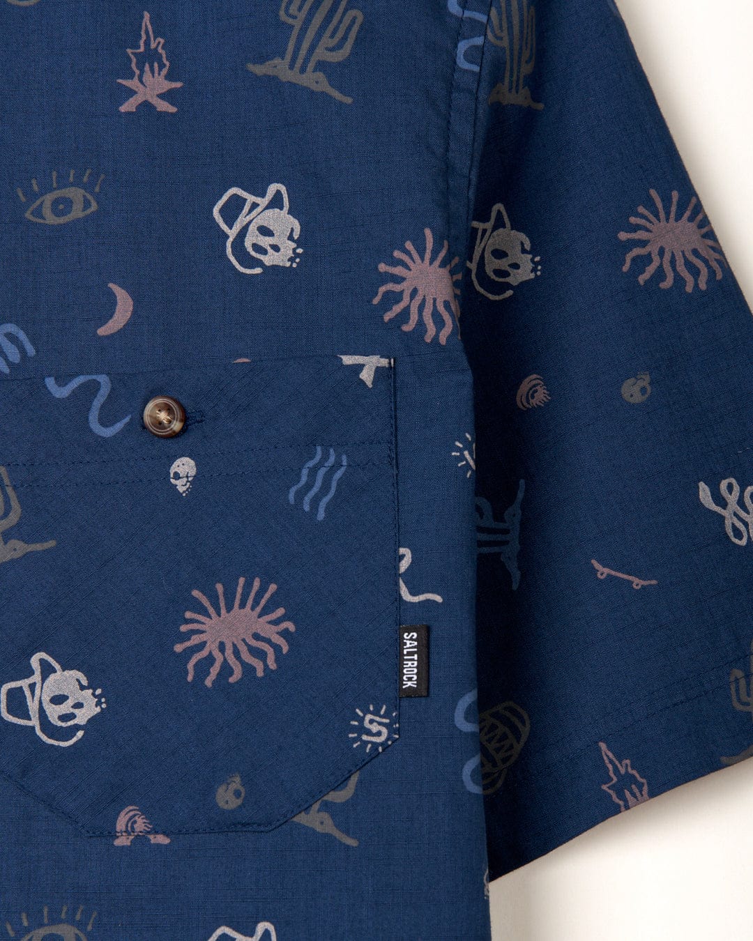 A Saltrock blue cotton Last Stop - Mens Short Sleeve Shirt with a collar, featuring cacti and other animals on it.