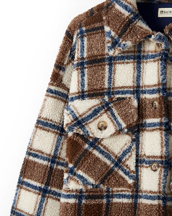 The Laurie - Womens Check Sherpa Fleece Coat - Cream by Saltrock is brown and blue.