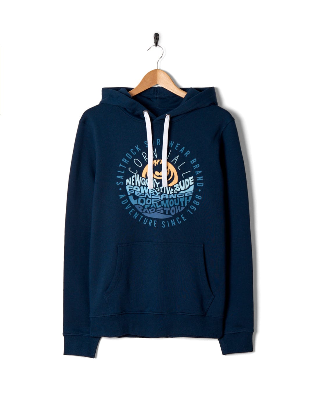 Blue Layers Cornwall - Mens Pop Hoodie by Saltrock hanging on a wooden hanger against a white background.