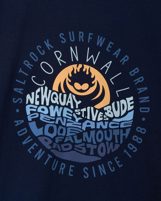 A Layers Cornwall - Mens Short Sleeve T-Shirt - Blue from Saltrock with the words 'Cornwall surfwear' on the front.