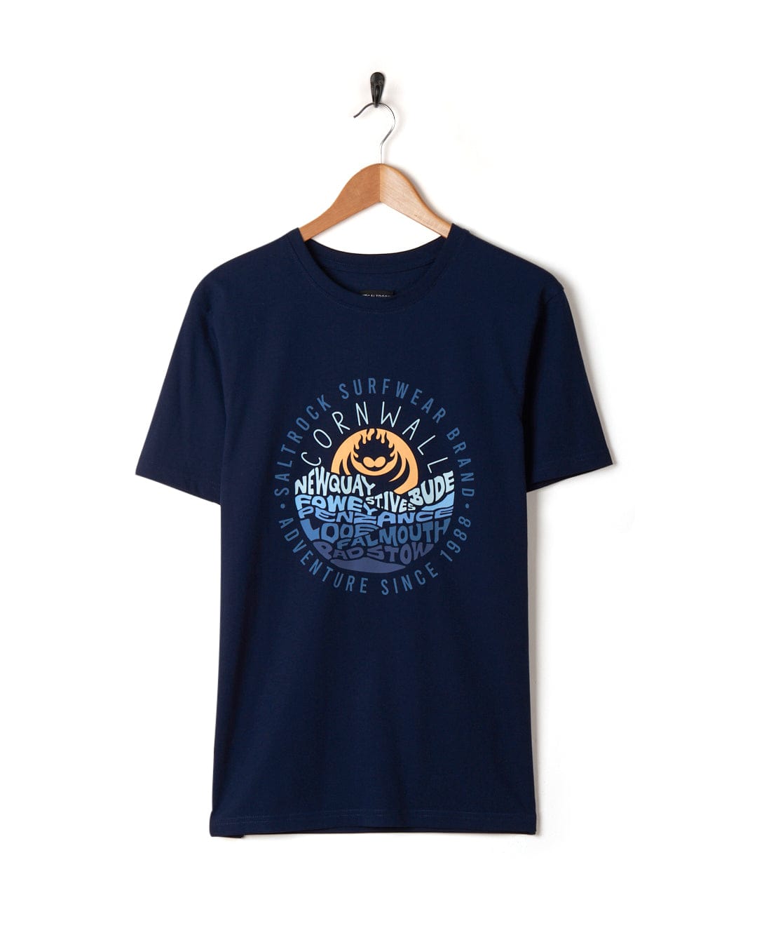 A Layers Cornwall - Mens Short Sleeve T-Shirt - Blue from Saltrock with an image of a surfboard on it.