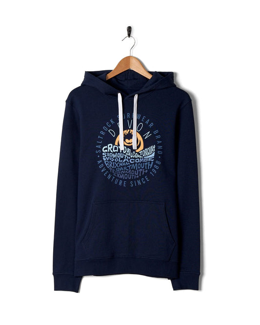 A Saltrock navy Layers Devon - Mens Pop Hoodie with a chest print of the ocean on it.