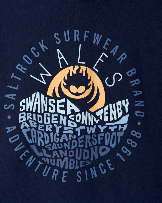 A Layers Wales - Mens Pop Hoodie - Blue with a chest print of the words Saltrock Surfwear Wales.