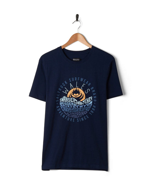 A Layers Wales - Mens Short Sleeve T-Shirt - Blue with a surfboard image on it, featuring Saltrock branding.