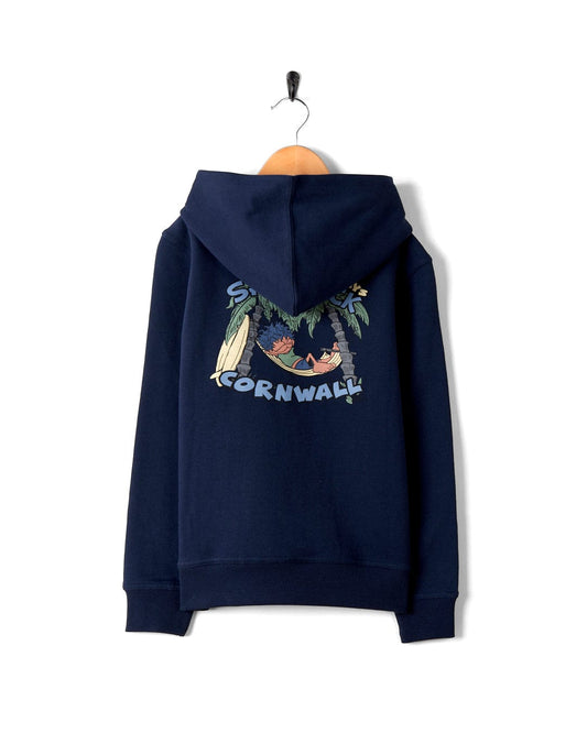 A Lazy Location Cornwall - Kids Hoodie - Blue with surfing graphics on a Saltrock swinger.