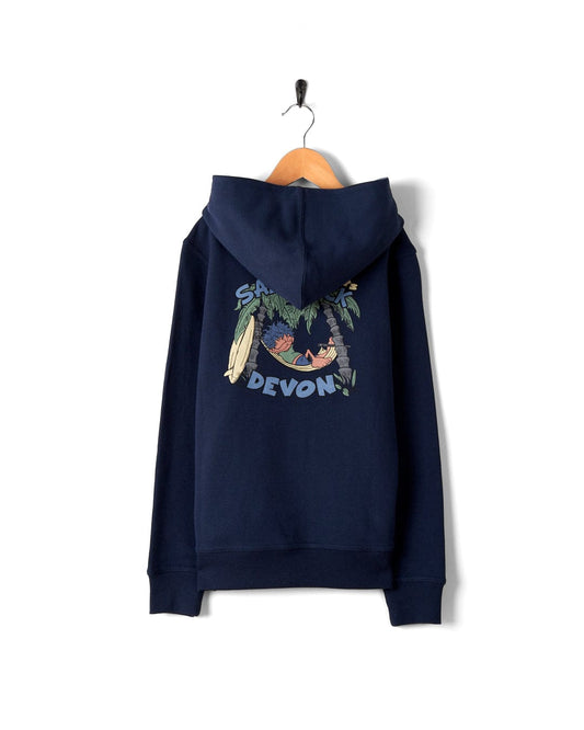 Lazy Location Wales - Recycled Kids Hoodie - Blue by Saltrock with "sas devon!" graphic in tropical style, made from recycled polyester, hanging on a wooden hanger against a white background.