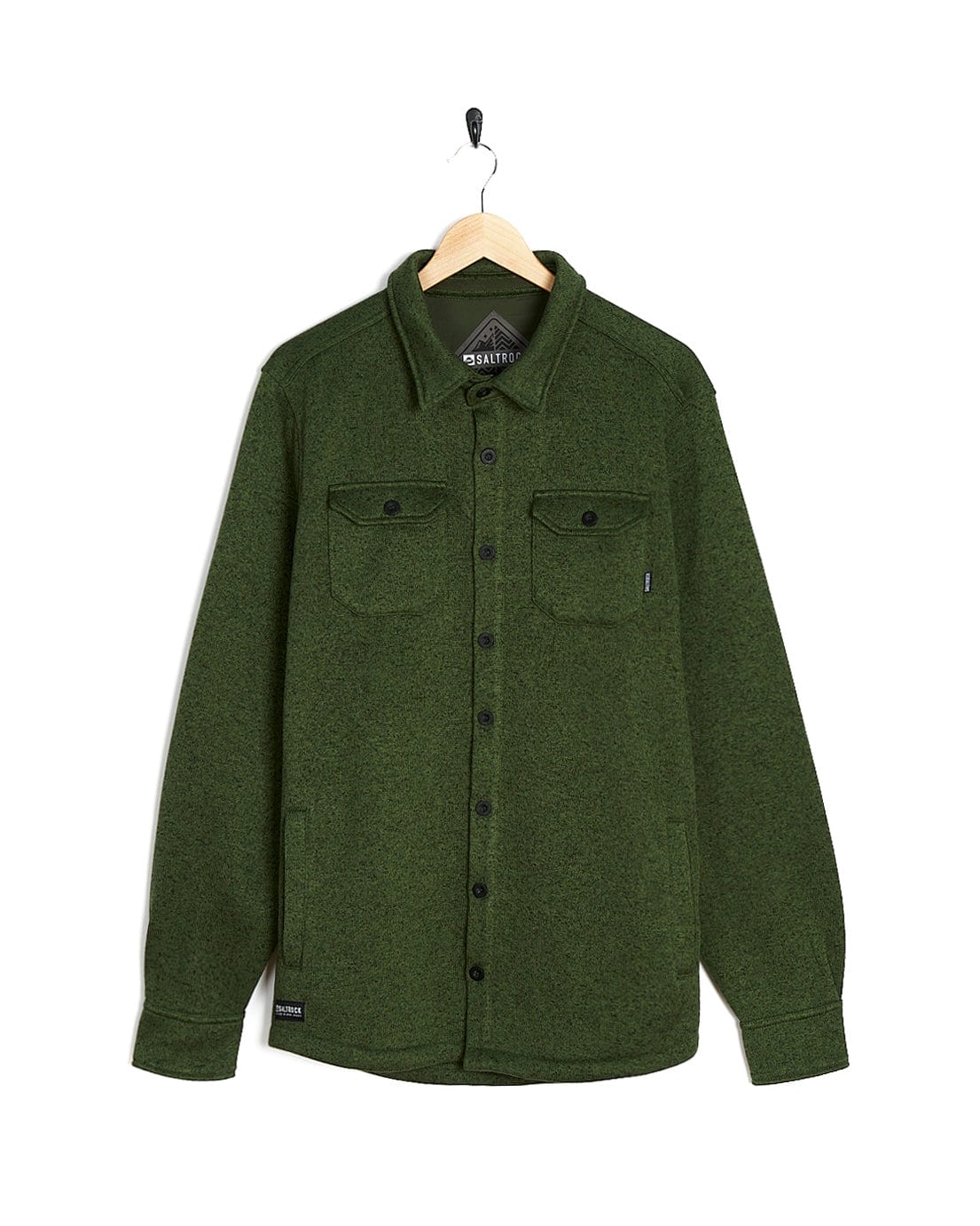 The Saltrock Levick - Mens Long Sleeve Shirt - Dark Green is hanging on a hanger.