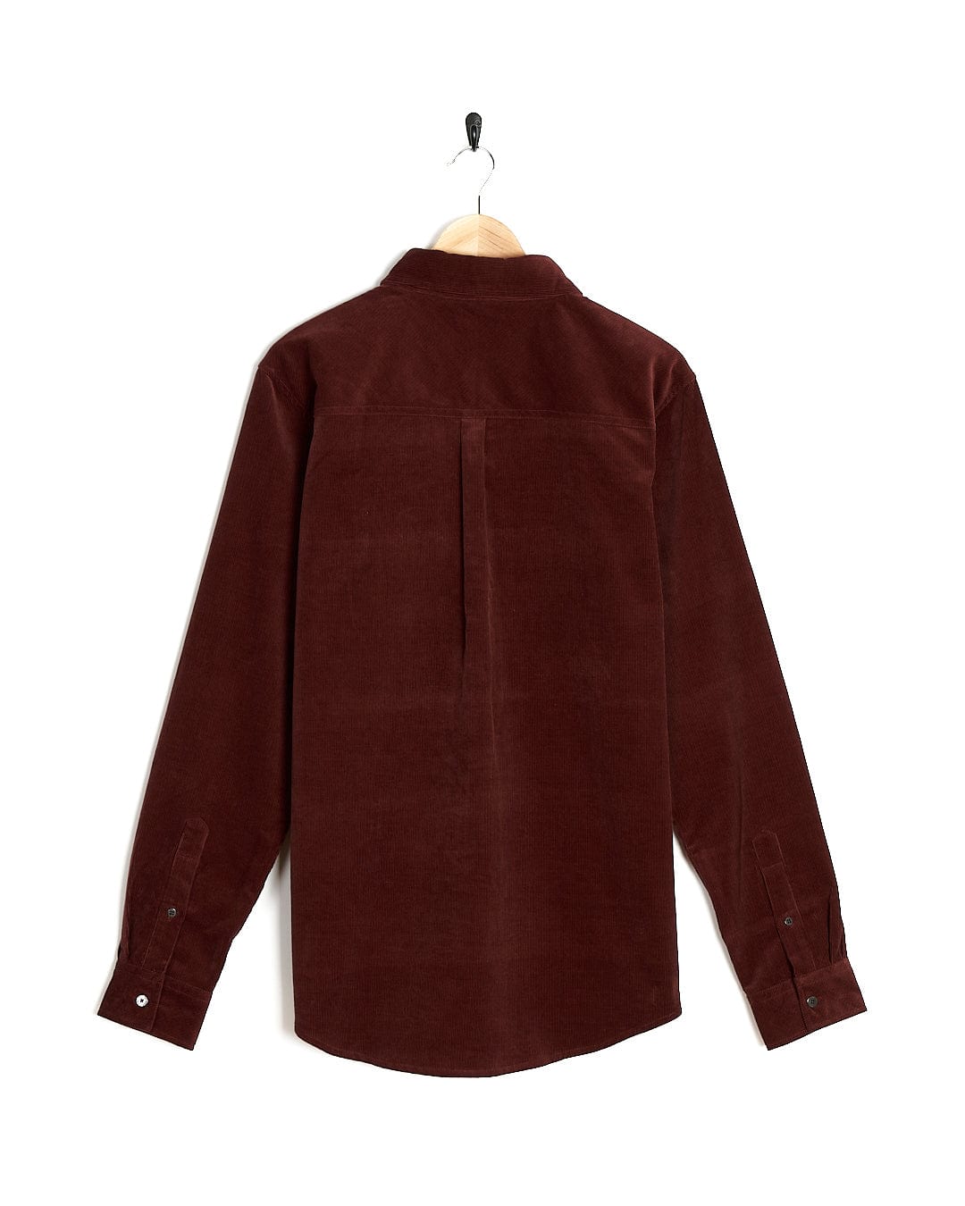 A Saltrock Linus - Mens Long Sleeve Shirt - Dark Red hanging on a hanger.