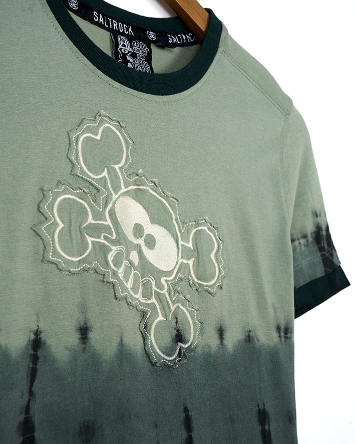 A Saltrock tie-dye T-shirt with a skull, called the Live And Let - Kids Tie Dye Short Sleeve T-Shirt - Green.