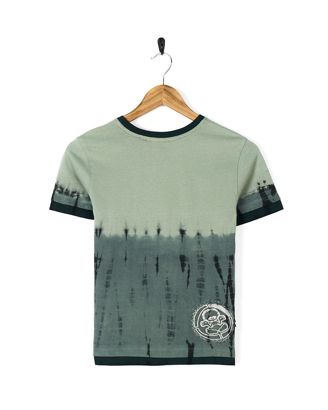 Description: A Live And Let - Kids Tie Dye Short Sleeve T-Shirt - Green by Saltrock hanging on a wooden hanger.