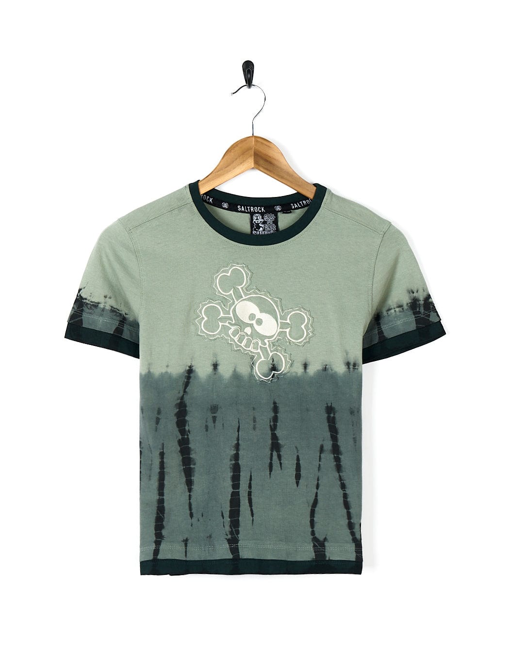 A Saltrock Live And Let - Kids Tie Dye Short Sleeve T-Shirt - Green with a skull and crossbones design.