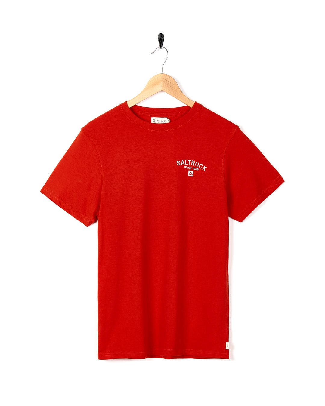 A Stencil - Mens Location T-Shirt - Poole - Red with a white logo on it.