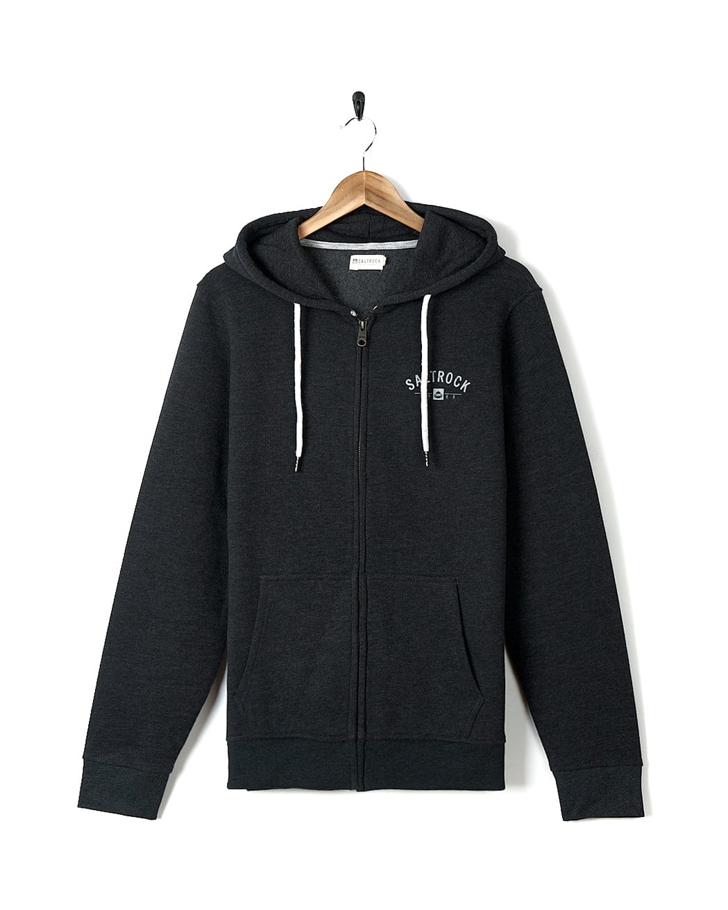 A Saltrock Location Zip Hoodie - Fowey - Dark Grey with a white logo on it.