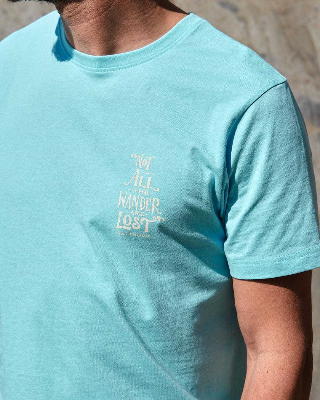 A close up of a Saltrock Lost Ships - Mens Short Sleeve T-Shirt - Light Blue.