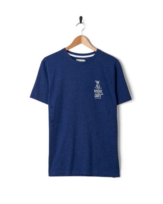 A blue Saltrock Lost Ships - Mens Short Sleeve T-Shirt hangs on a hanger against a white background.