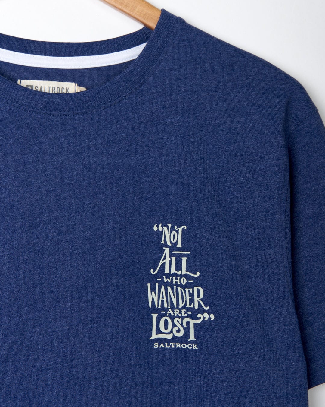 Blue Lost Ships - Mens Short Sleeve T-Shirt with the quote "not all who wander are lost" from Saltrock, displayed on a hanger.