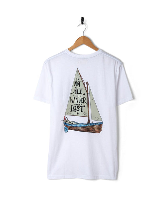 A white Lost Ships Short Sleeve T-Shirt from Saltrock with a sailboat illustration and the quote "not all who wander are lost" is displayed on a hanger against a plain background.