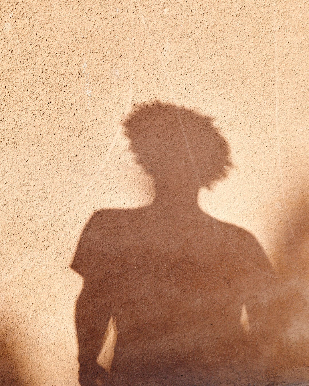 Shadow of a person with curly hair wearing a Saltrock Lost Ships Short Sleeve T-Shirt - White projected on a textured orange wall.
