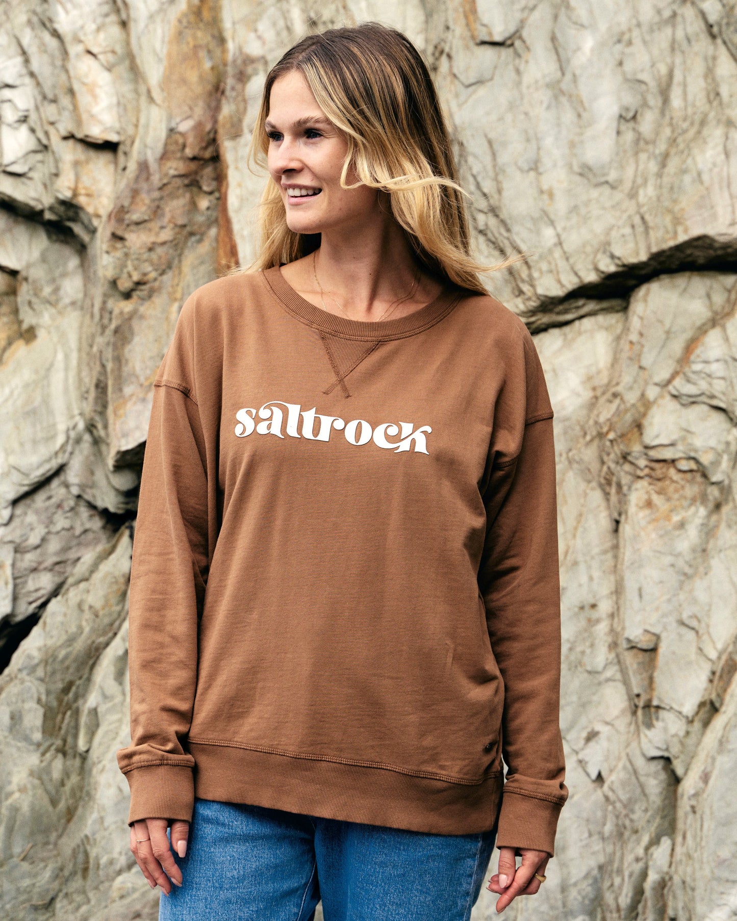 Louisa wearing a Saltrock Womens Crew Sweat - Brown.