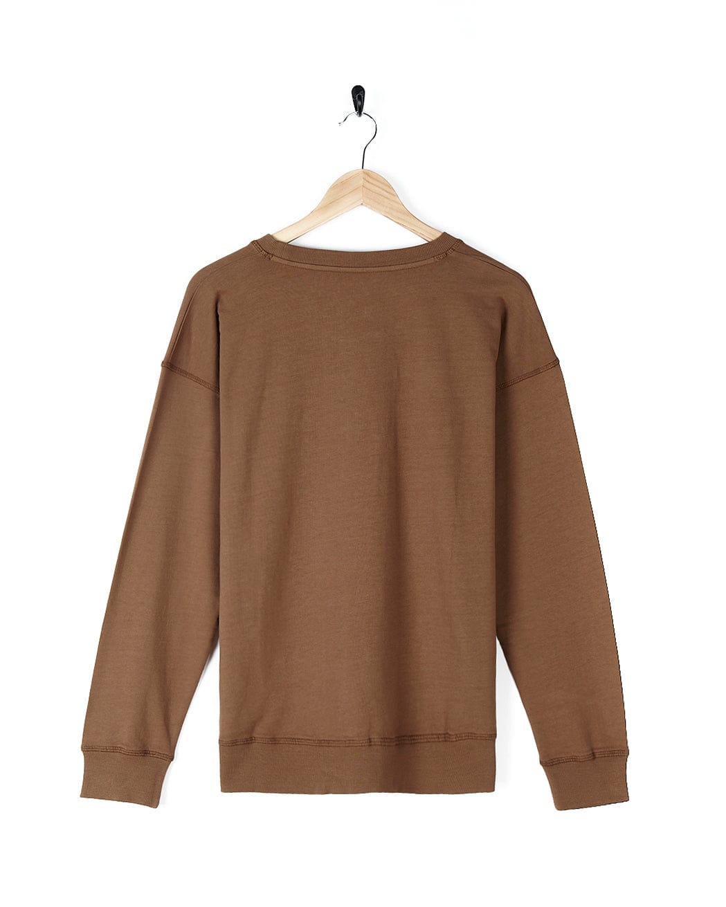 A Saltrock Louisa - Womens Crew Sweat - Brown cotton sweatshirt hanging on a hanger.