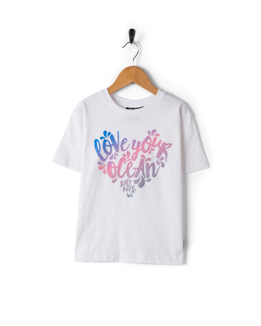 A white washable Love Your Ocean Gradient - Kids Short Sleeve T-Shirt with a heart on it by Saltrock.