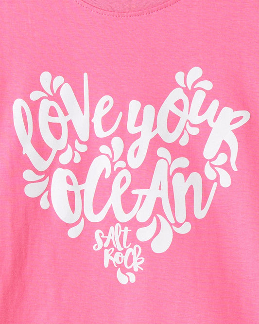 A pink cotton t-shirt that says Love Your Ocean - Kids Short Sleeve T-Shirt - Pink by Saltrock.