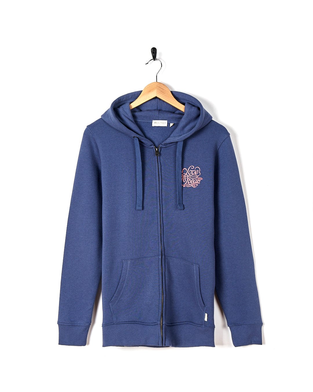 A Love Your Ocean - Womens Zip Hood - Dark Blue hoodie with a pink logo on it. (Saltrock)