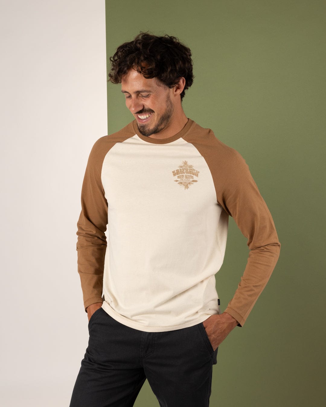 Wave Chaser - Mens Raglan Long Sleeve T-Shirt - Brown/Cream