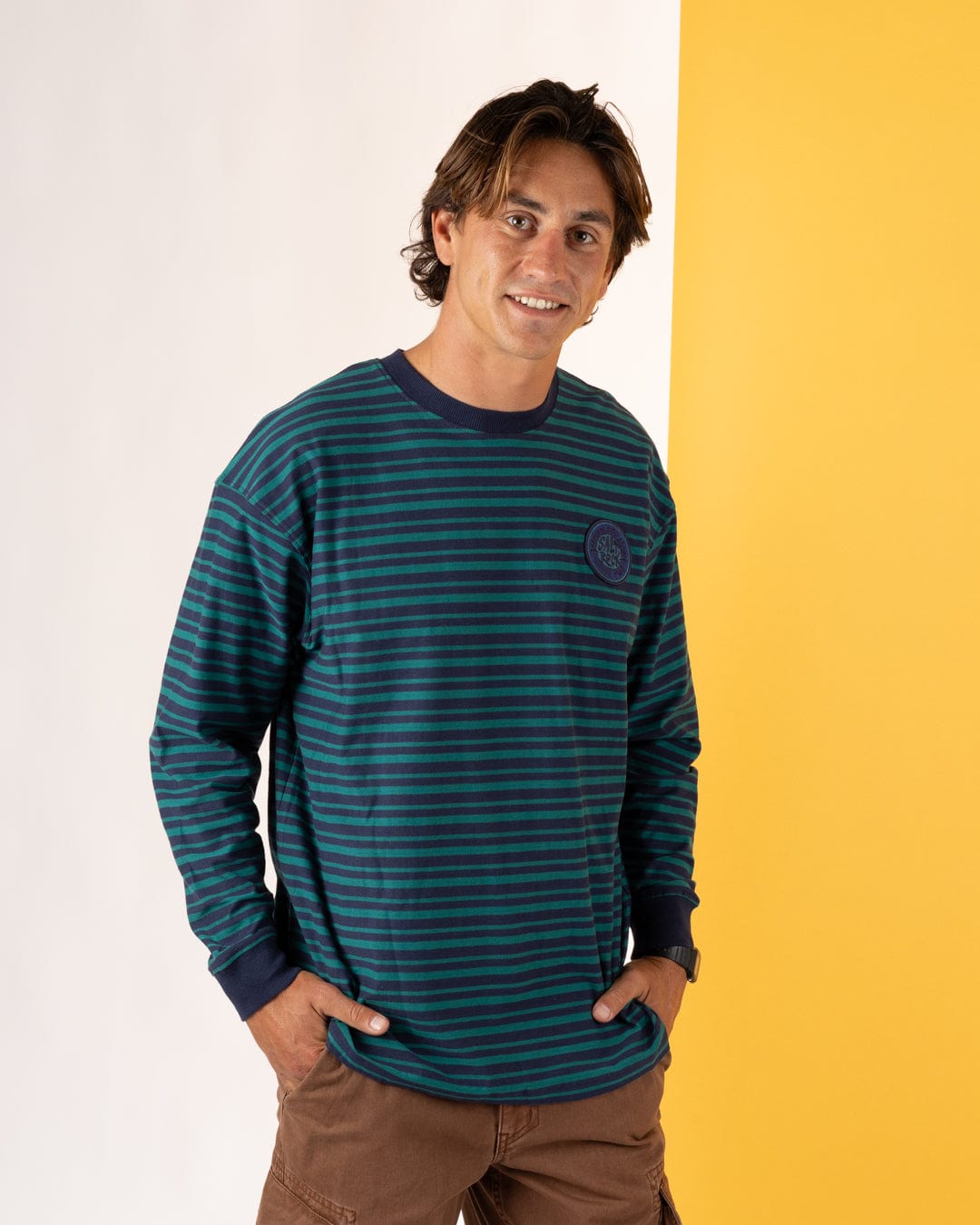 Original SR Badge - Mens Oversized Striped Long Sleeve T-Shirt  - Teal