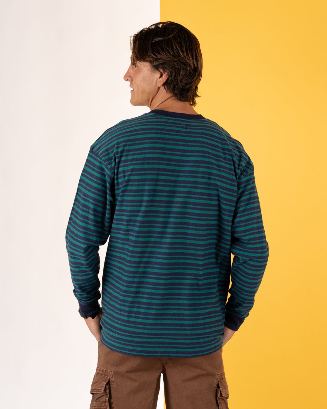 Original SR Badge - Mens Oversized Striped Long Sleeve T-Shirt  - Teal