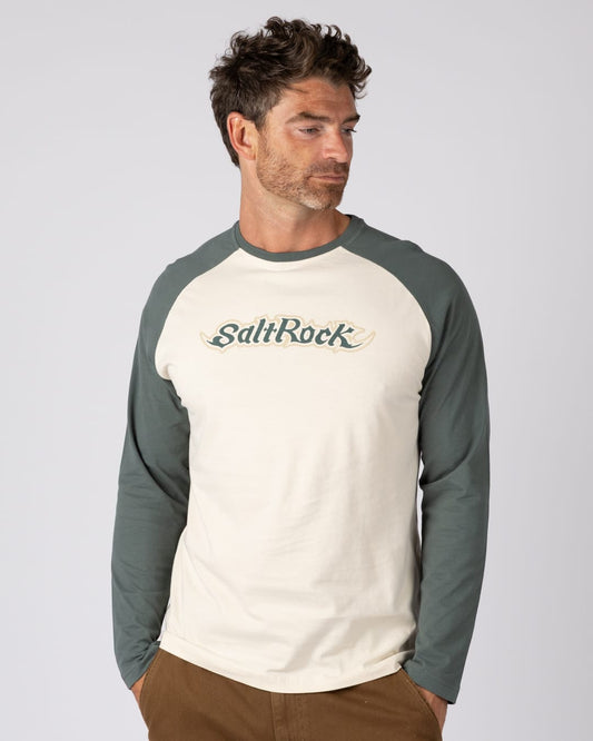 Heritage Logo Mens Long Sleeve Raglan T-Shirt in Green/Cream