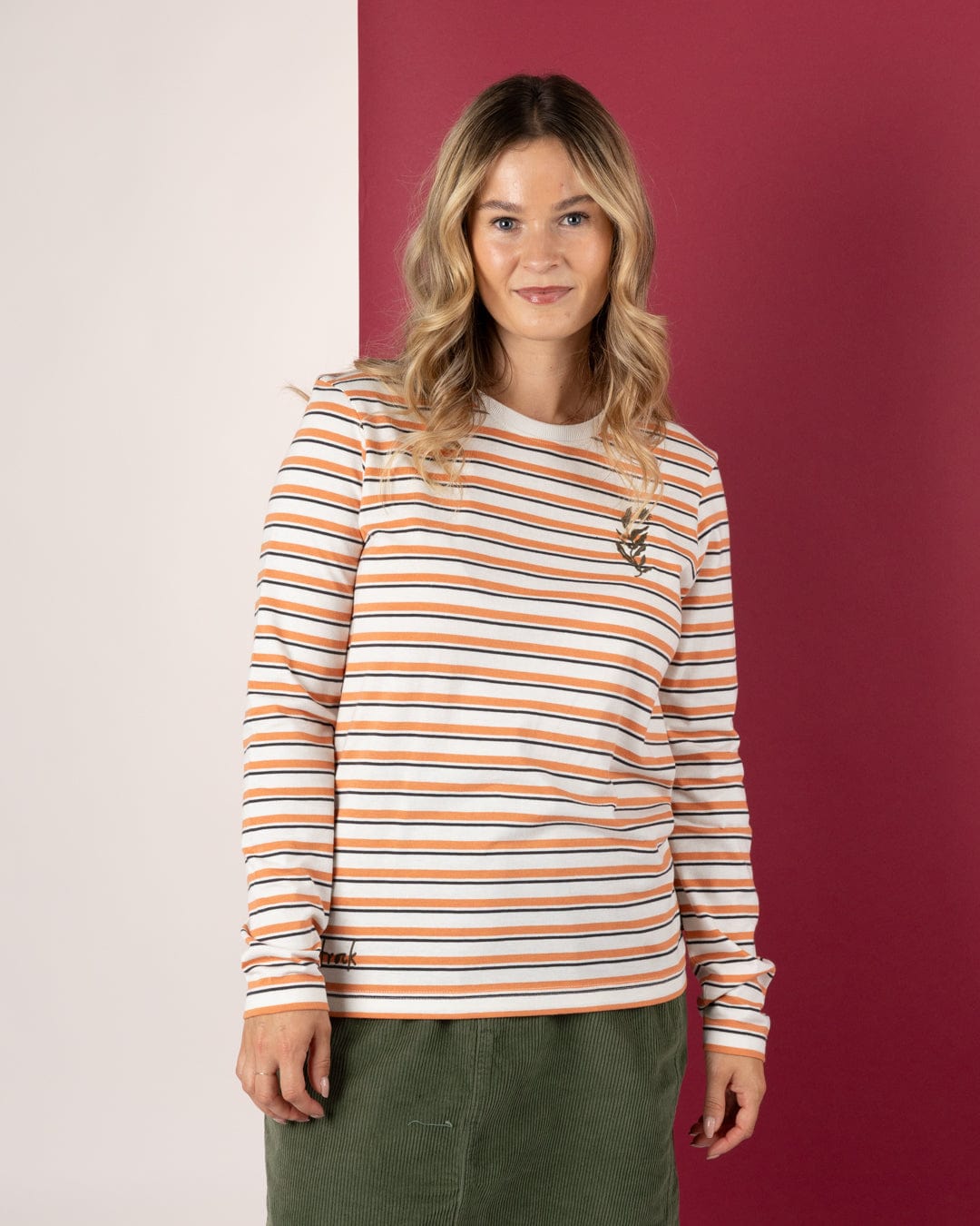 Meghan - Womens Long Sleeve Stripe T-Shirt - Orange/Cream