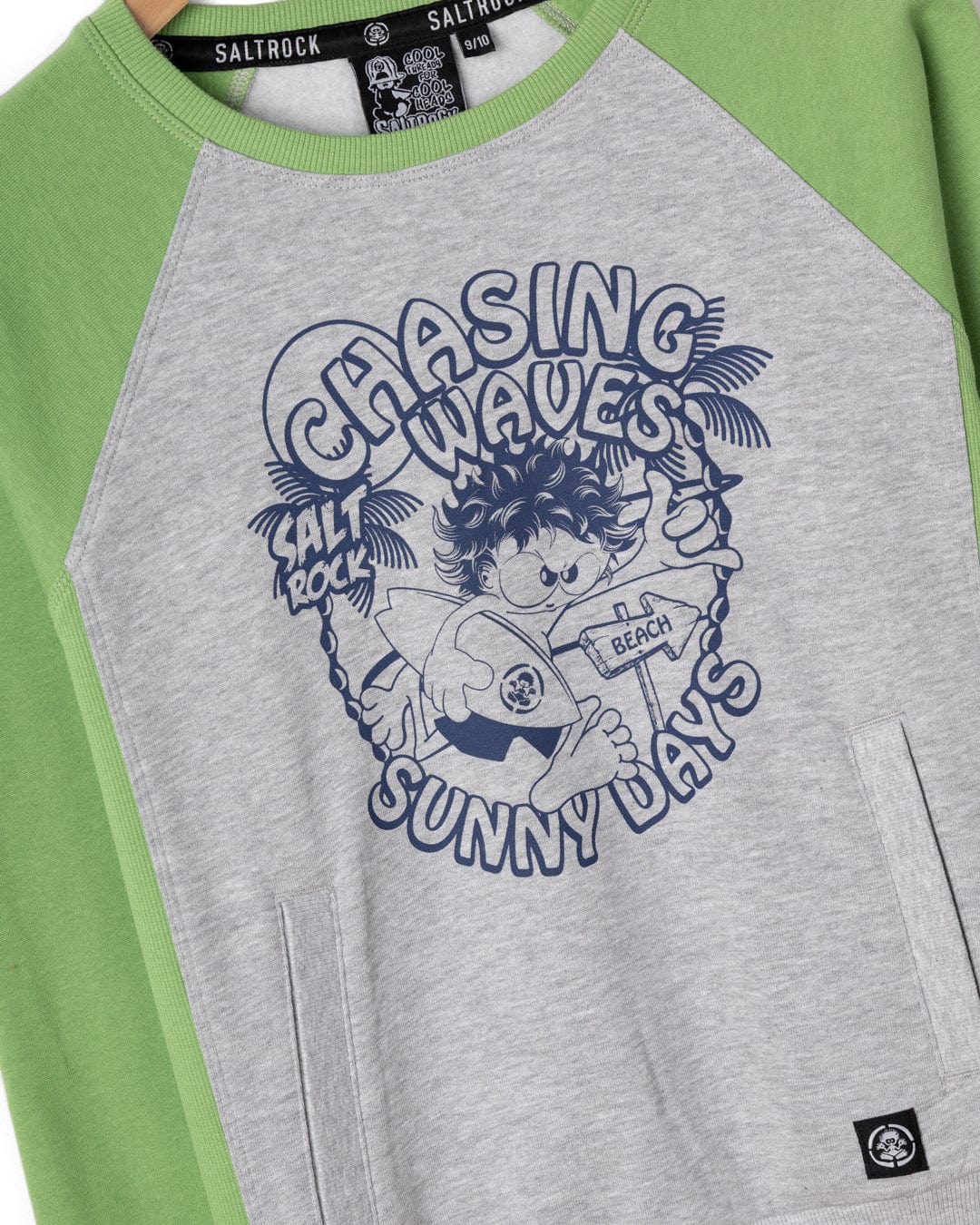 Chasing Waves - Kids Recycled Raglan Sweat - Grey/Green