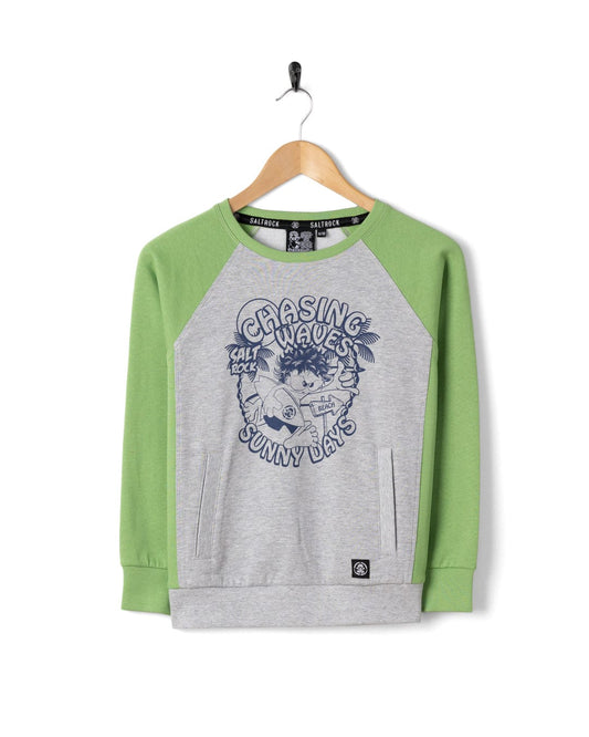Chasing Waves - Kids Recycled Raglan Sweat - Grey/Green