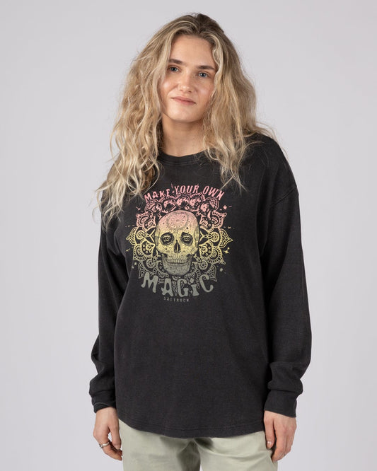 Make Magic Womens Oversized Long Sleeve T-Shirt in Dark Grey