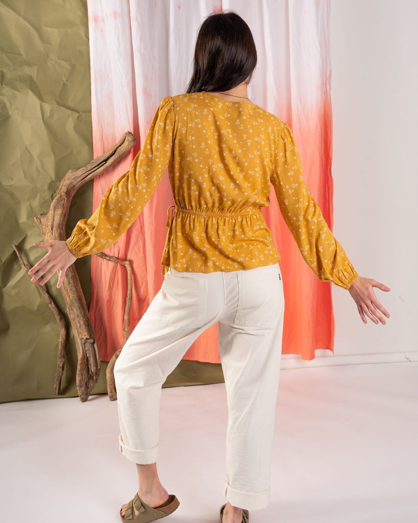 Drew - Womens Ditsy Floral Wrap Blouse - Yellow