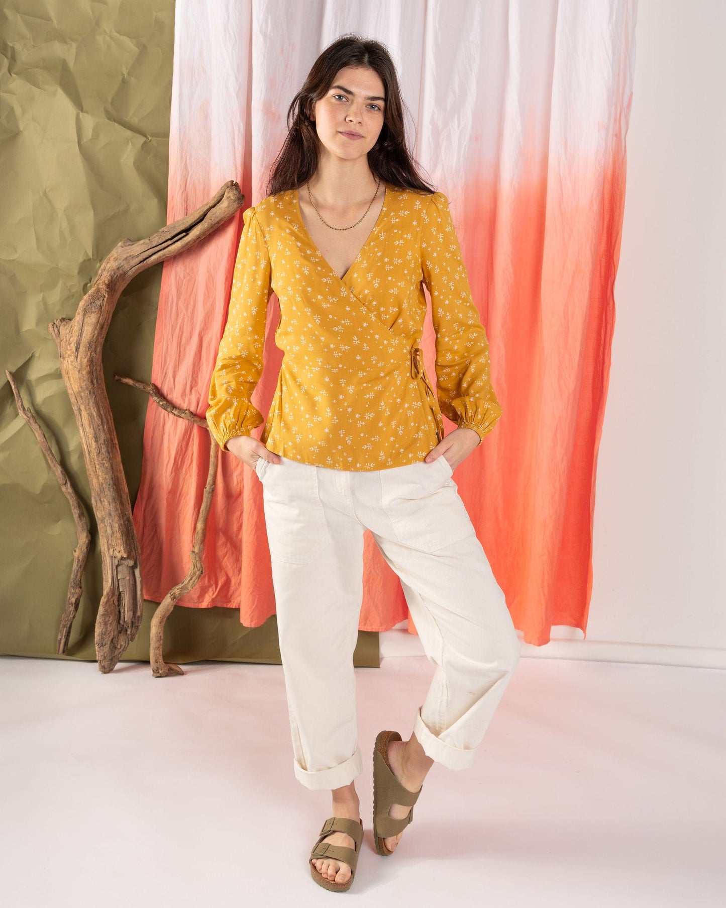 Drew - Womens Ditsy Floral Wrap Blouse - Yellow