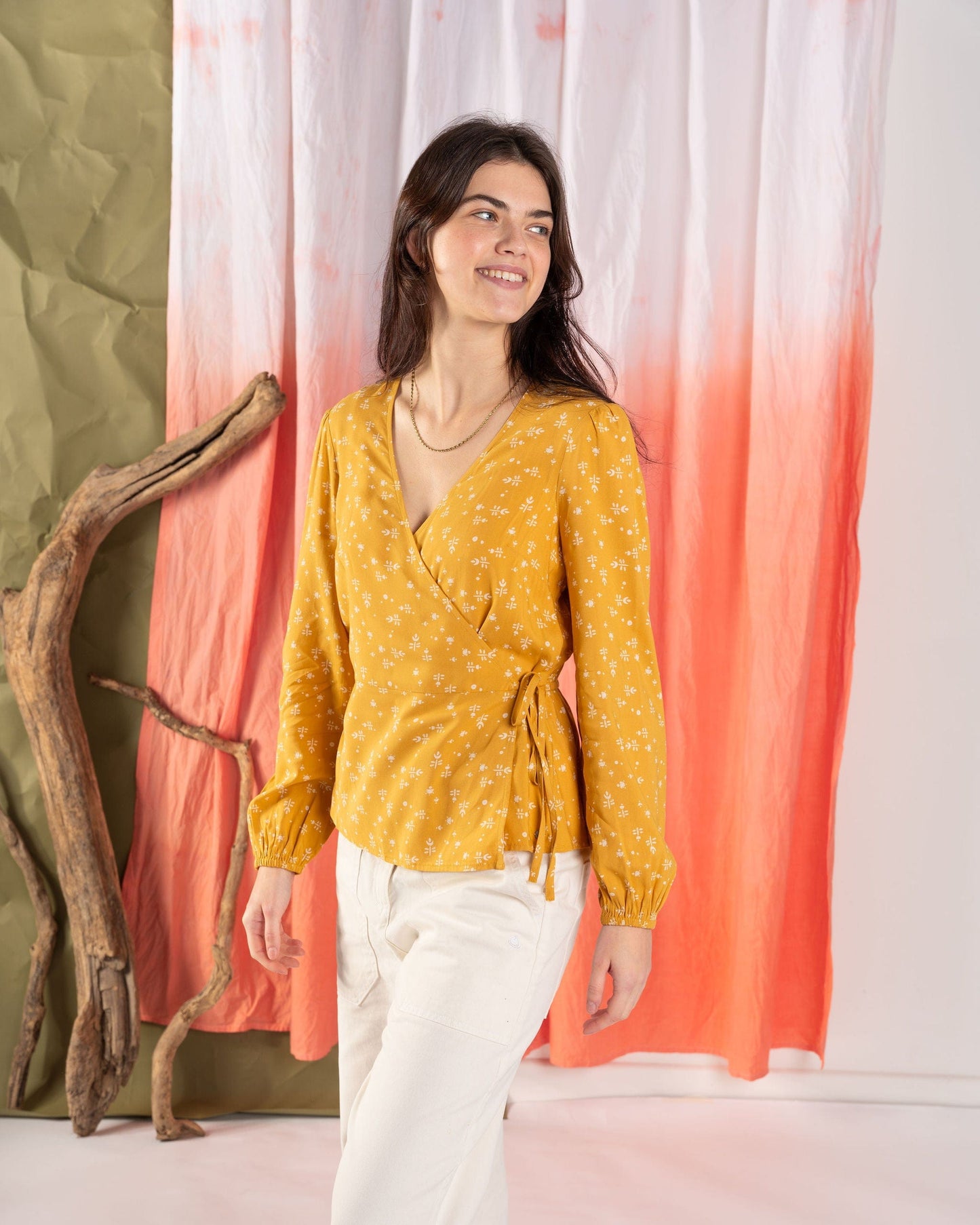 Drew - Womens Ditsy Floral Wrap Blouse - Yellow