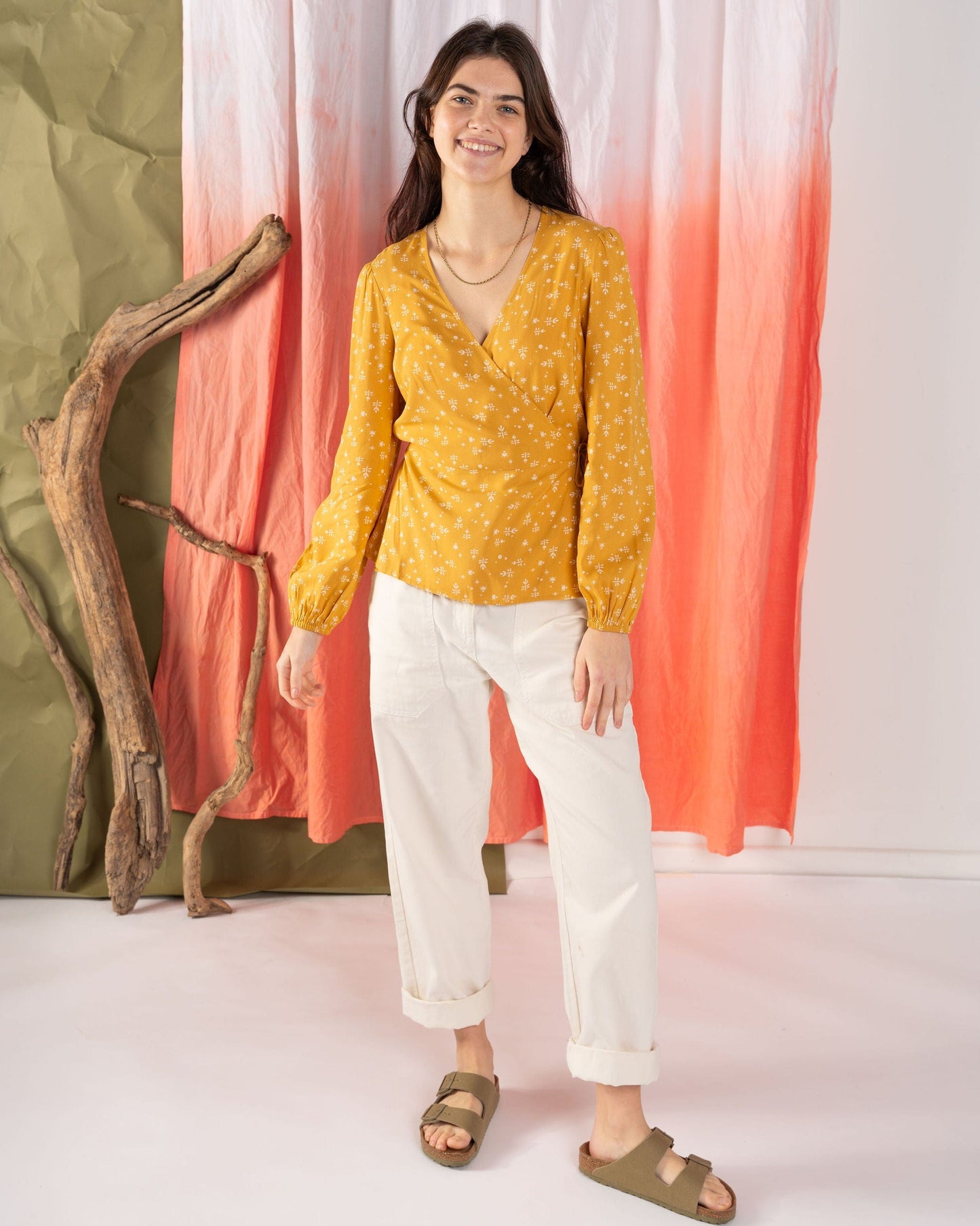 Drew - Womens Ditsy Floral Wrap Blouse - Yellow