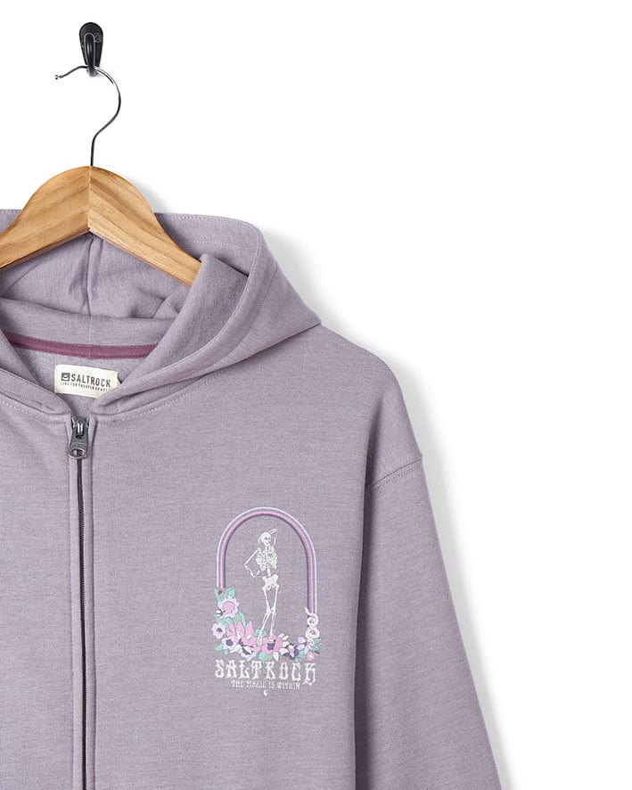 A Magic Within - Women's Zip Hoodie - Lilac with a floral embroidered design by Saltrock.