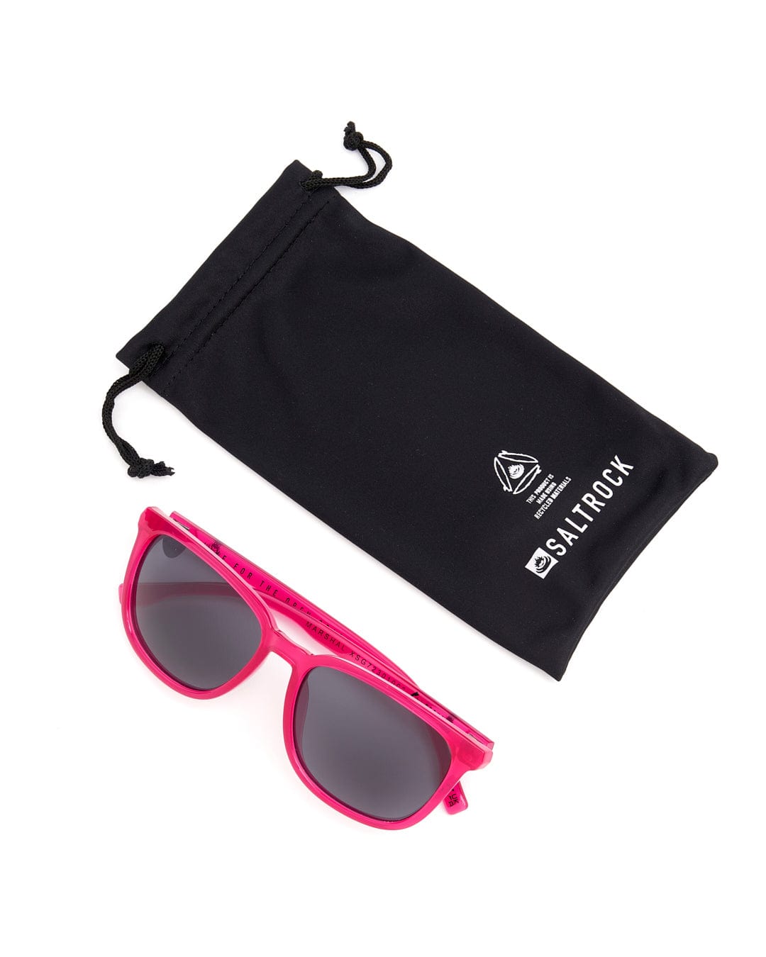 A pair of Saltrock Marshall - Recycled Polarised Sunglasses - Pink with UV protection and a black pouch.