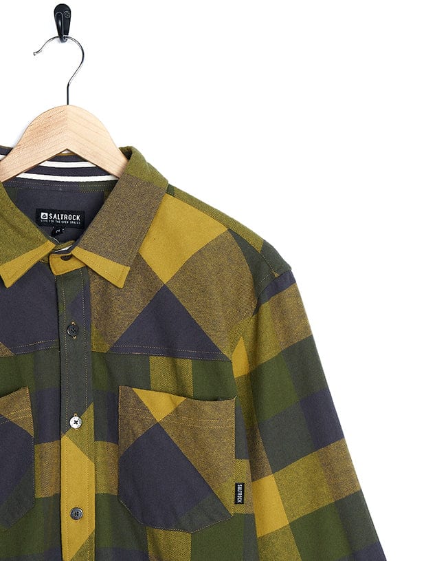 A Saltrock Mattie - Mens Long Sleeve Shirt - Yellow plaid shirt hanging on a hanger.
